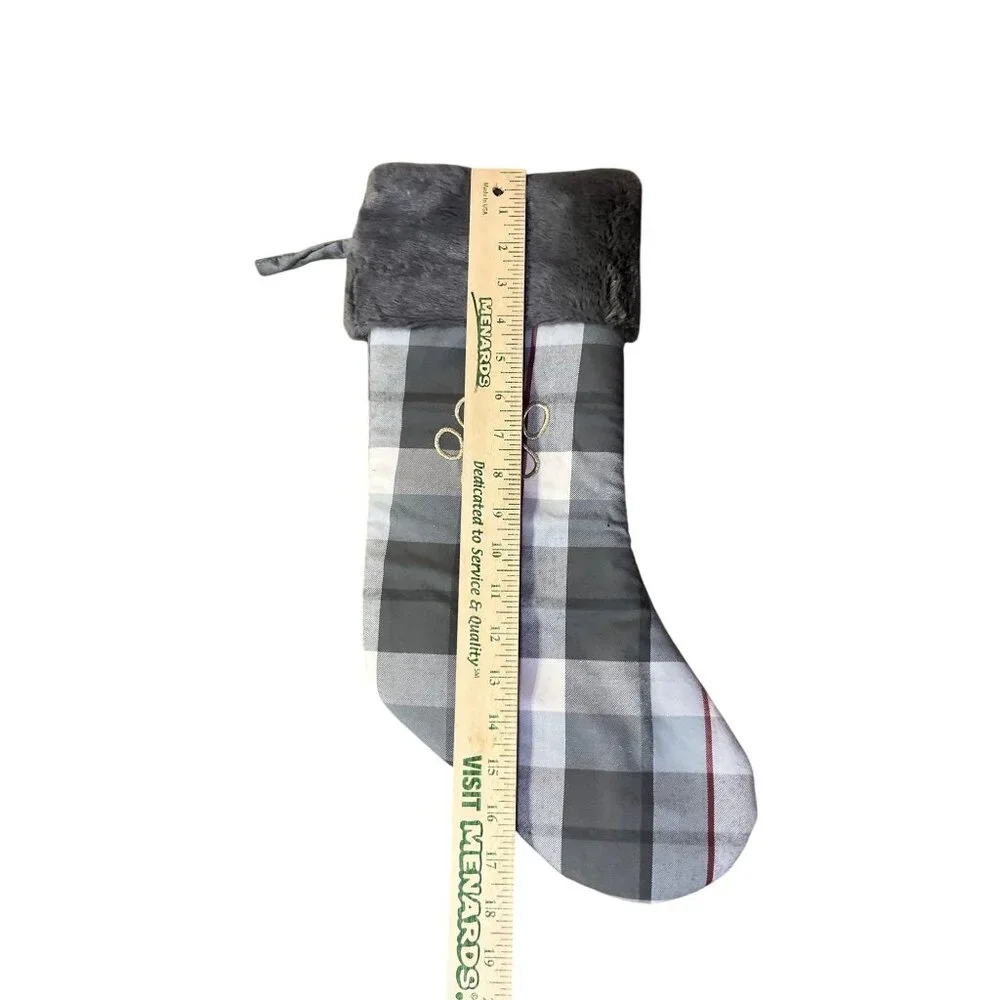 Dog Christmas Stocking Gray Plaid Paw Print Pet Holiday Stocking Faux Fur Cuff U